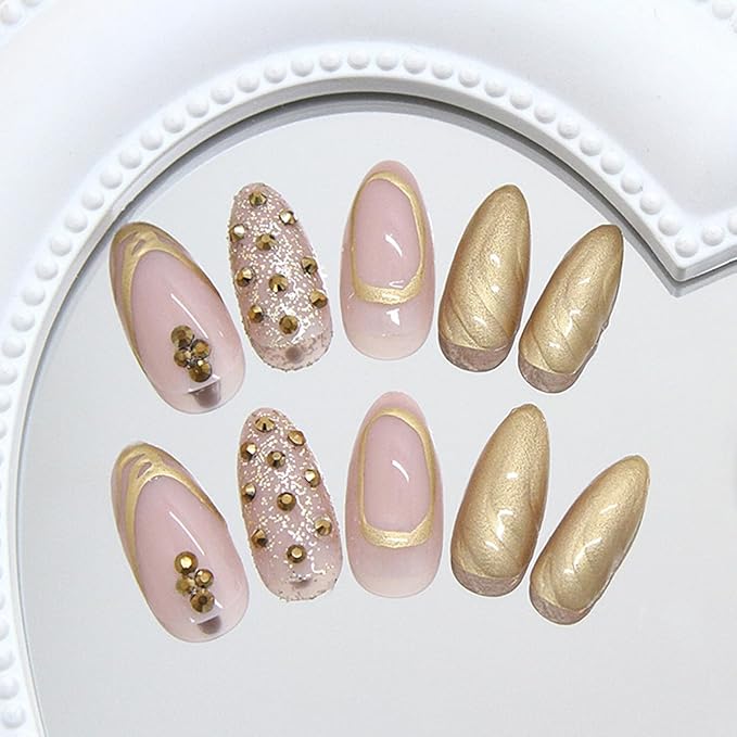 24Pcs Gold French Tip Press on Nails Medium Almond Fake Nails with Glitter Rhinestones Full Cover Acrylic Nails Gold Chrome Glue on Nails Almond Artificial False Nails French Stick on Nails for Women