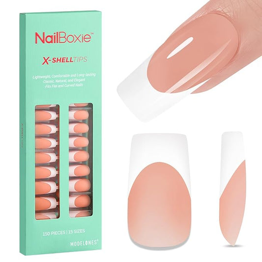 modelones French Tip Press on Nails, 150Pcs Long Square Fake Nails with Nail Box, Deep Nude Gel Nail Tips for Women, Soft Glue-On Nails for Natural Salon Look, DIY Nail Art Kit (15 Sizes)