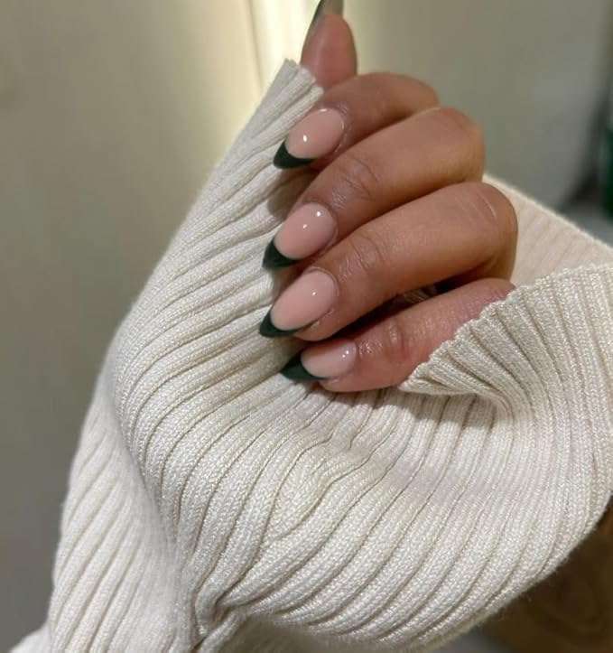 30Pcs Dark Green French Tip Press on Nails Short Almond Nails Press ons, Short Fake Nails Almond Shaped Acrylic French Glue on Nails False Nail for Women, Natural Stiletto Nail 15 Sizes