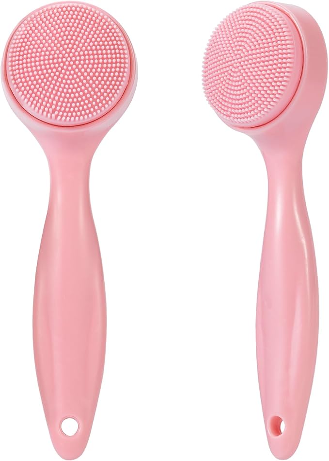 2 Pack Silicone Face Scrubber Exfoliating Brush, Manual Handheld Facial Cleansing Brush Blackhead Scrubber, Soft Bristles Waterproof for Face Skincare (Round-Pink)