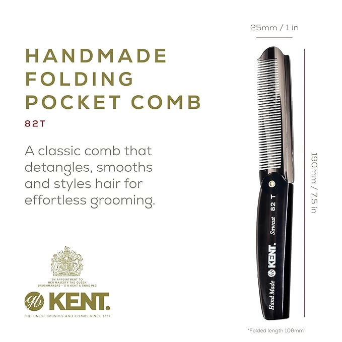 Kent 82T Handmade Folding Pocket Comb for Men, Fine Tooth Hair Comb Straightener for Everyday Grooming Styling Hair, Beard or Mustache, Use Dry or with Balms, Saw Cut Hand Polished, Made in England