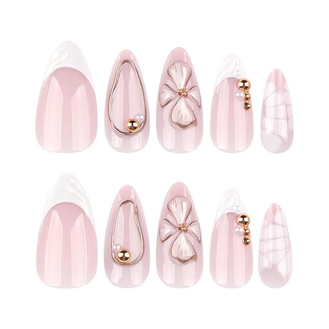 3D Gold Line French Tips Press On Nails Almond Medium, White Flower French Tip Designer Reusable Acrylic Nails Press Ons, Fake Nails With Glue On, Daily Wear Floral False Nails For Women