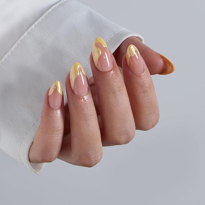 BTArtbox French Tip Press On Nails - Lamp-Curable Short Almond Press On Nails with Glue for Women, Semi-Transparent Soft Gel Glue On Nails in 16 Sizes - 32 Stick On Nails Kit, Lemon Fizz