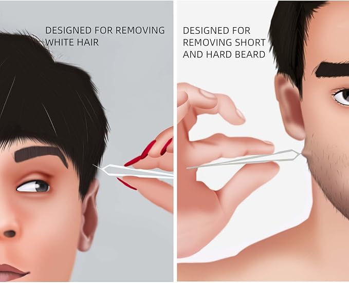 Beard & Hair Plucking Tweezers, Fine Eyebrow Tool, Stainless Steel, 10mm Tip, Anti-Slip Slot Design, Cyan PU Case