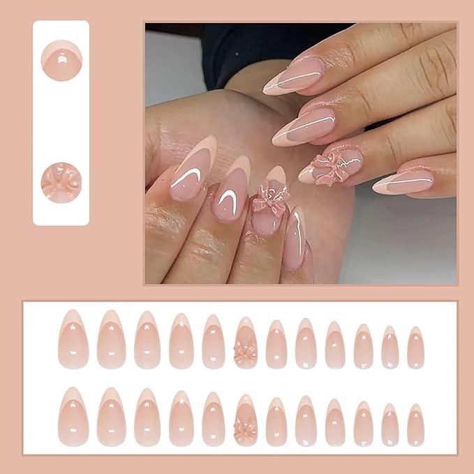 24Pcs Pink French Tip Press on Nails Medium Almond Shaped Fake Nails Cute Bow Charm Design Glue on Nails Reusable Acrylic False Nails Nude Pink Stick on Nails for Women Girls French Stiletto Manicure