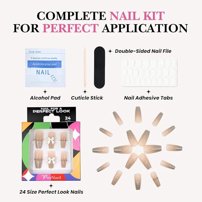 Perfect Look Press On Nails - Bridal Glow | No Glue One-Day Coffin Nails, Nude Gloss Finish Nails with Glitter French Tips - 24 Pcs Nail Kit with Adhesive Tabs