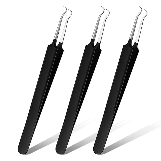 Honoson 3 Pcs Blackhead Tweezer Stainless Steel Pimple Tweezers Extractor Tool for Remove Zit Whitehead Pimple Bend Curved Tweezer Skin Blackhead Remover Tools(Black)