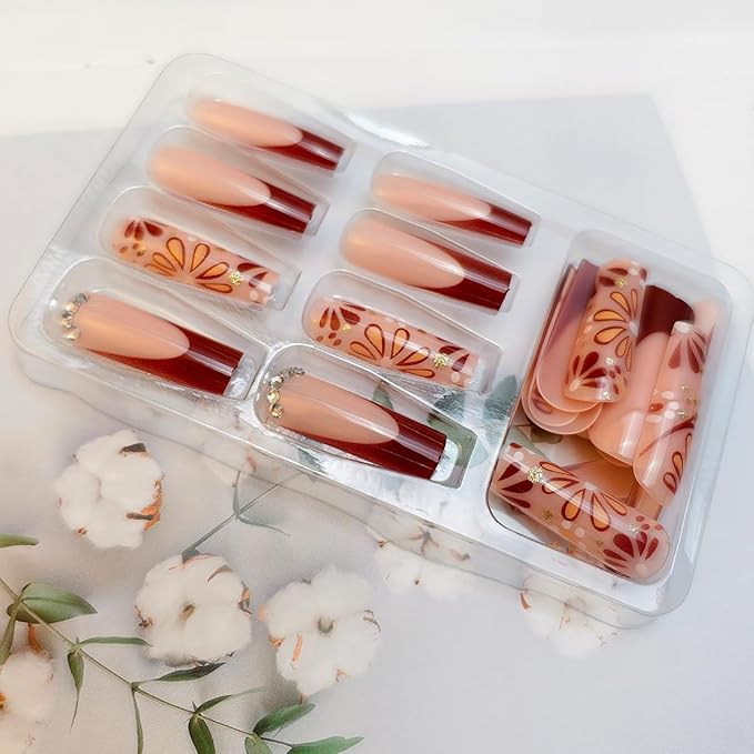 24Pcs Brown French Tips Press on Nails Long Square Fake Nails with Autumn Flower Rhinestones Designs French Flowers False Nail Full Cover Fall Glue on Nails for Women, Autumn & Winter Nail Art
