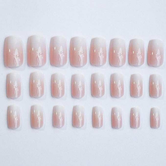 Press on Nails Pink French Medium Rhinestone Square Bling White Glossy False Tips Artificial Luxury Finger Manicure for Women and Girls, 24pcs (Square 2)