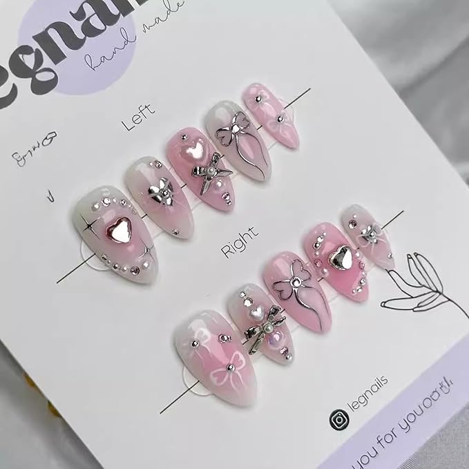 24Pcs Handmade Press On Nails Fake Nails with 3D Diamond Designs French Press on Bow False Nail Full Cover Rhinestones Love Stick on Nails For Women Medium Almond Nail Tips Set