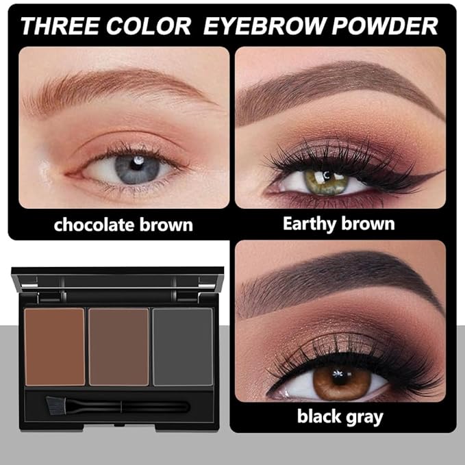 Brow Powder Kit with Mirror – Long-Lasting 3-Color Brow Filler for Full, Defined Natural Brows, Contour Palette with Double-Ended Brush, sombra para cejas (03)