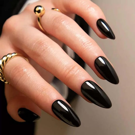 Black Press on Nails Solid Color Short Almond Acrylic Fake Nails Glossy Black Full Cover Glue on Nails Reusable Artificial Stick on Nails for Women and Girls 30 Pcs