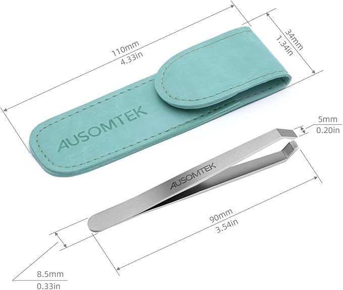 Beard Tweezers, White Hair Plucking Tweezers, Stainless Steel, Fine Hair Removal Tweezers, Eyebrows Shaping Tool, 5mm Tip, Cyan PU Case 1Pack, Silver, 1.0 Count, (BRTW-SSS-96WDQP)