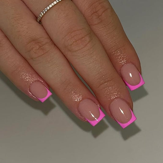 30Pcs Hot Pink French Tip Press on Nails Short Square Nails Press ons, Short Fake Nails Coffin Acrylic French Glue on Nail False for Women, Natural15 Sizes