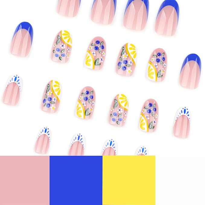 24Pcs Blue French Tip Press on Nails Almond Short Fake Nails Cute Blueberries Lemon Nail Designs Flower Fruit Glue on Nails Reusable Glossy Acrylic False Nails Full Cover Stick on Nails for Women