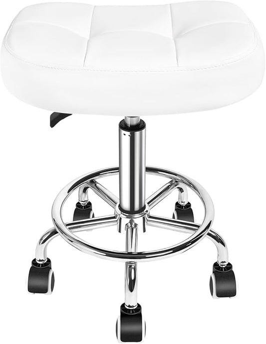 Rolling Stool Wider Rectangular Cushion-Provides a Comfortable, Stable Support Surface with Loop Footrest for Leg Support,Adjustable Stool with Wheels for Salon Tattoo Massage Office Home (White)