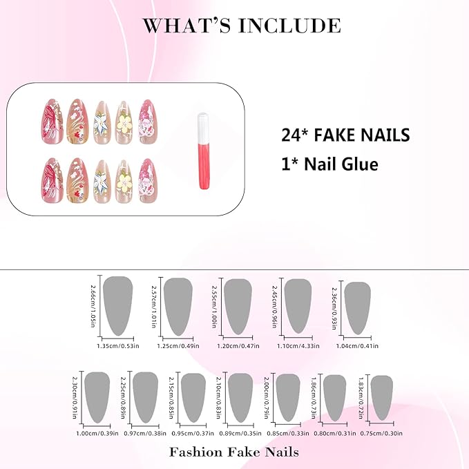 IMRAIN Press on Nails Nails Medium Almond Fake Nails Pink Yellow Flower False Nails Chrome Glossy Stick on Nails Full Cover Glue on Acrylic Nails for Women Girls 24Pcs