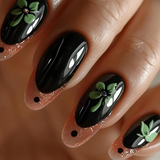 St. Patrick's Day Press on Nails Medium Length French Tip Fake Nails Green Shamrock Glitter with Rhinestones Four-leaf Clover Stick on Nails Acrylic False Nails Nail Tips for Women Manicure Art 24Pcs