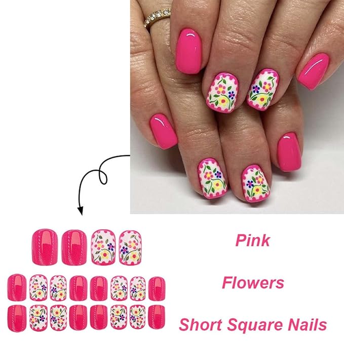 24Pcs Square Fake Nails Short Press on Nails Pink False Nails with Flower Design Full Cover Acrylic Nails Artificial Nails Glossy Floral Glue on Nails Stick on Nails for Women Manicure Art