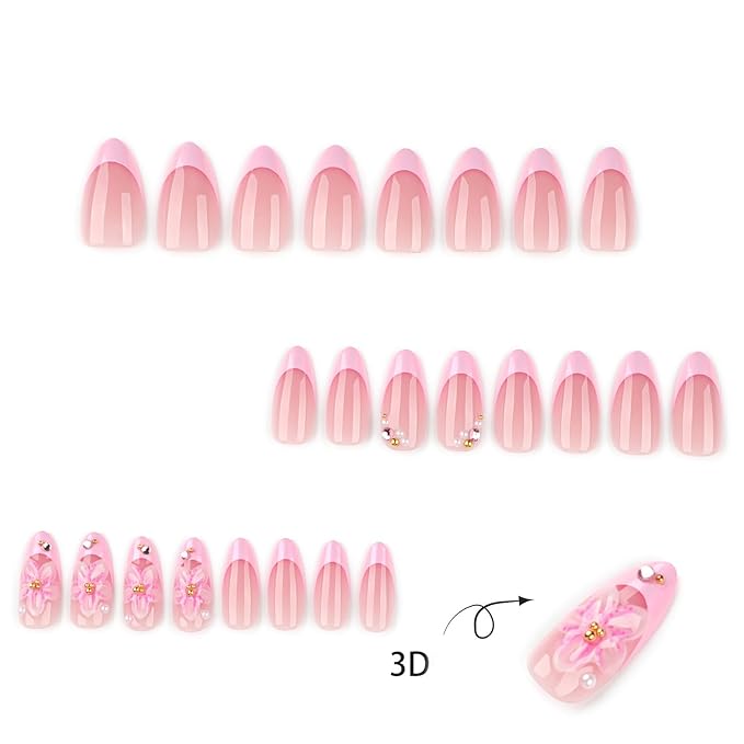 3D Pink Flower Press on Nails French Tip Medium Almond Fake Nails with Pearl Rhinestone Designs Glossy Acrylic False Nail Tips Full Cover Artificial Glue on Nails for Women Manicure Kit