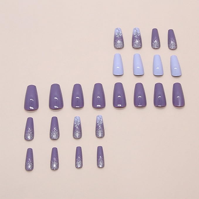 Medium Coffin Acrylic Full Cover False Nails Purple Flower Press on Nails Blue Gradient Stick on Nails Glossy Silver Glitter Fake Nails 24Pcs Wild Flowers Gel Glue on Nails for Coquette Women Girls