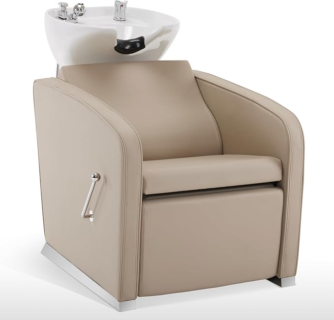 BarberPub Backwash Shampoo Station Chair, Adjustable Porcelain Ceramic Hair Wash Bowl Sink Unit Station, Reclining Shampoo Station Chair for Spa Beauty Salon Hair Salon Equipment 9303 (Beige)