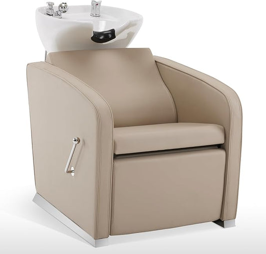 BarberPub Backwash Shampoo Station Chair, Adjustable Porcelain Ceramic Hair Wash Bowl Sink Unit Station, Reclining Shampoo Station Chair for Spa Beauty Salon Hair Salon Equipment 9303 (Beige)