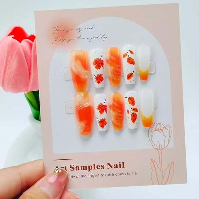 30Pcs Fall Press on Nails Medium Coffin Fake Nails with 3D Ripple Design Maple Leaf False Nail Orange French Tip Glue on Nails Thanksgiving Acrylic Nail Full Cover Stick on Nail for Women DIY