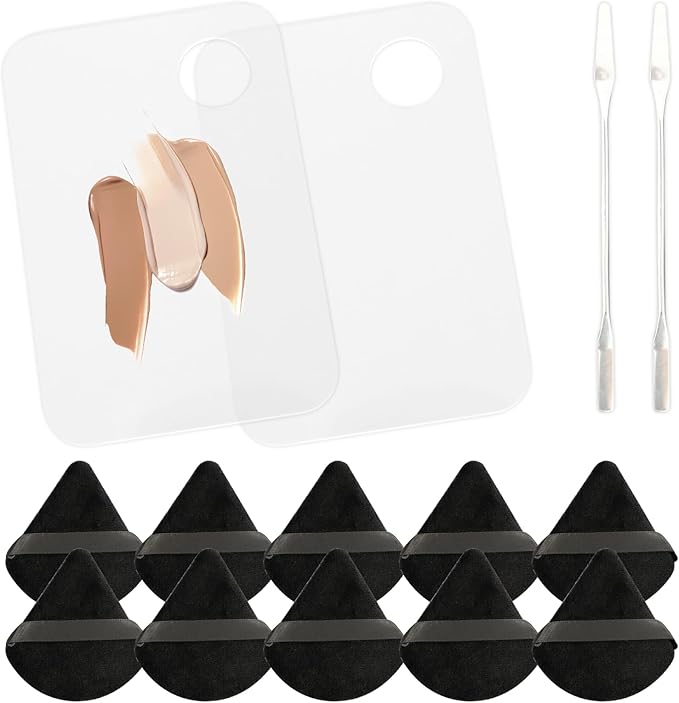 2 Pack Acrylic Makeup Mixing Palette with 2 Stainless Steel Scrapers & 10 Reusable Powder Puffs – Ideal for Facial Cosmetics, Nail Art Pigment Blending