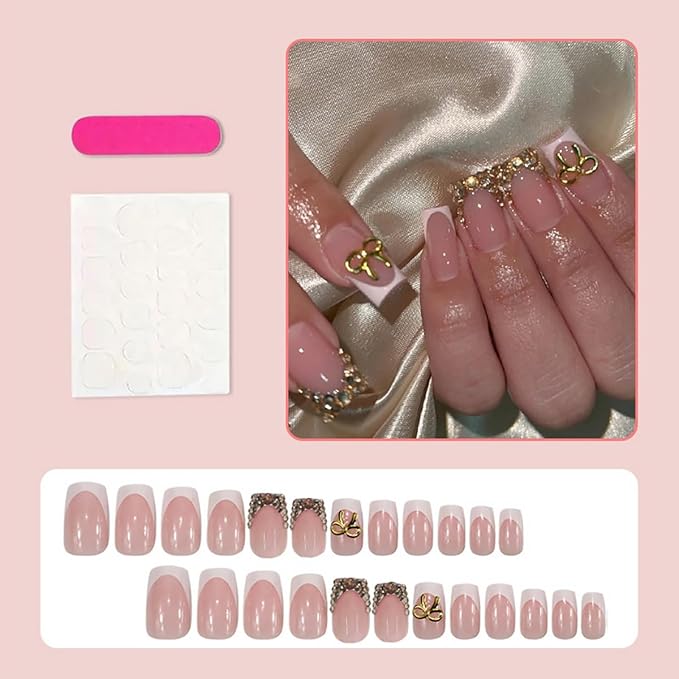 24Pcs French Tip Press on Nails Short Square Fake Nails with Luxury Gold Bow Rhinestones Design Glitter False Nails Full Cover Artificial Glue on Nails Nude Stick on Nails for Women Manicure Salon DIY