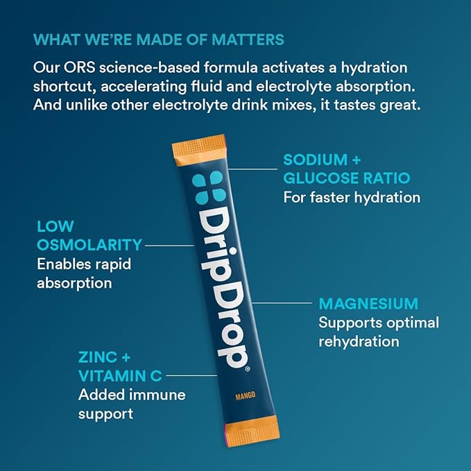 DripDrop Hydration Packets - Tropical Variety Pack - Single Serve Electrolytes Powder Drink Mix - Mango, Açaí, Passion Fruit, Piña Colada - Non-GMO, Gluten Free, Vegan - 32 Sticks