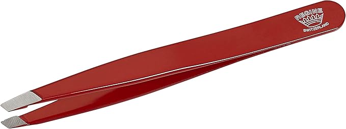 Slant Tweezer - Handmade in Switzerland - Professional Eyebrow & Facial Hair Remover - Etched Interior Grabs Hair from The Root - Perfectly Aligned Tips - Stainless Steel, Red