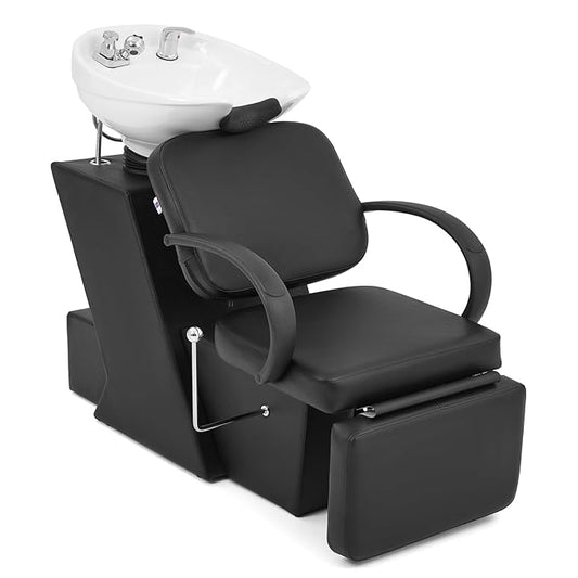 Artist hand Shampoo Bowl, 47" Ceramic Bowl Chair Adjustable Backwash Shampoo Station Footrest Salon Equipment(White Bowl)