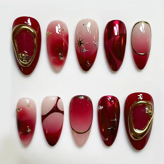 24Pcs Gradient Red Press on Nails Short Almond Fake Nails 3D Texture Gold Star Acrylic Nails Y2K Punk Artificial Glue on Nails Golden Line Full Cover False Nails Red Chrome Stick on Nails for Women