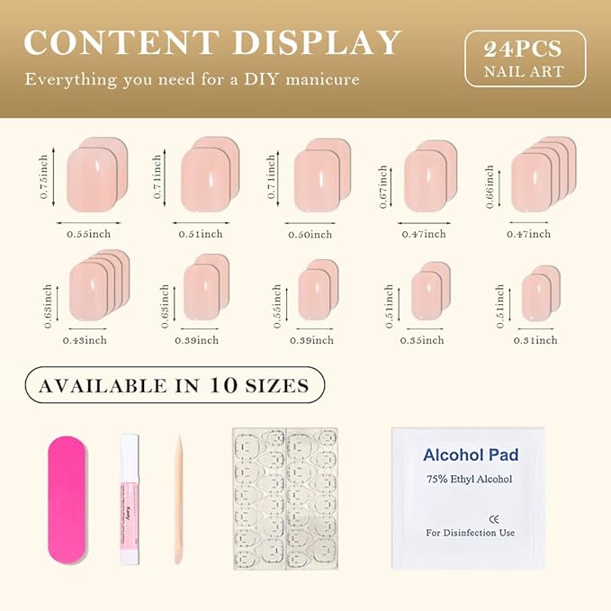 evpct Glossy Nude Pink Press on Nails Short Square for Women Gift, Glossy Pink Fake Nail with Soft Gel Salon Quality Reusable Stick on Nails Full Cover Artificial Nail Glue Soft Gel Set Kit 24Pcs, 03
