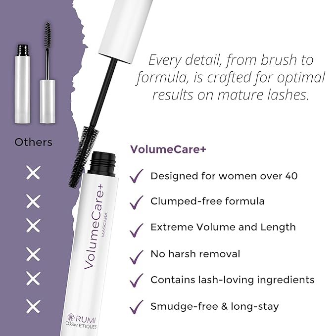 Rumi Cosmetiques VolumeCare+ Mascara For Older Women - Extreme Length and Volume 2-in-1 Formula - No Clumps, Long-Wearing, Hypoallergenic Mascara For Sensitive Eyes (Natural Black)