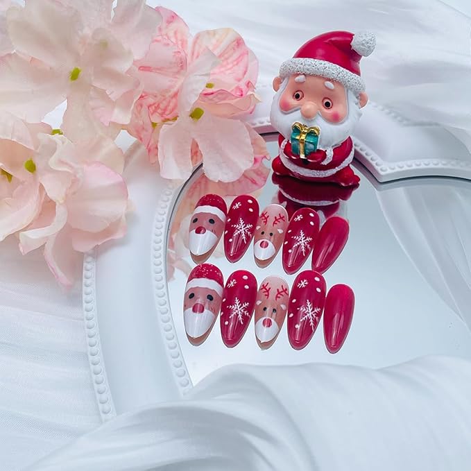 24Pcs Christmas Press on Nails Almond Medium, NEWSPIED Cute Santa Claus Elk Fake Nails with Snowflakes Design Red Shiny Christmas False Nails Reusable Holiday Artificial Nails for Women Girls Manicure