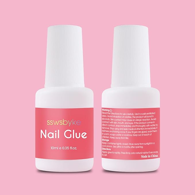 Super Strong Nail Glue for Press Ons, Brush On Press On Nail Glue for Acrylic Nail Tips, SSWSBYKE 10ml Quick Drying Long Lasting Bonding Adhesive, Mess-Free Application