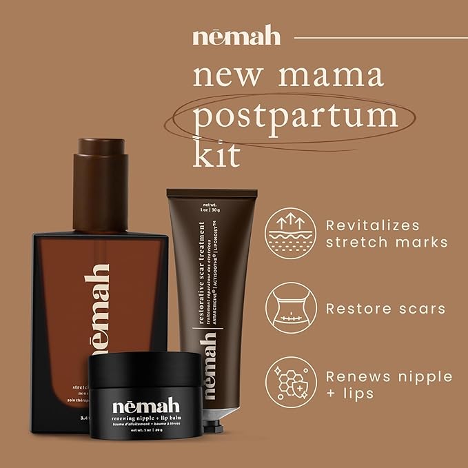 New Mama Postpartum Kit - Nourishing Belly Oil, Restorative Scar Treatment and Renewing Nipple + Lip Balm, Stretch Mark Oil, Natural Scar Cream, Nourishing and Soothing Nipple Cream Balm