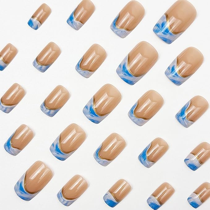 Gold Press on Nails Short Square Fake Nails Blue French Tip False Nails Wave Glossy Full Cover Acrylic Nails Summer Glue on Nail Artificial Cute Stick on Nail for Women Manicure 24Pcs