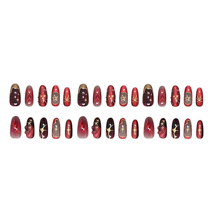 24Pcs Deep Red Press on Nails Medium Almond Fake Nails French Tip Nail Art False Nails Design Y2K Gold Star Bow Pattern Full Cover Stick on Nails Reusable Artificial Nail for Women Acrylic Nails Decor