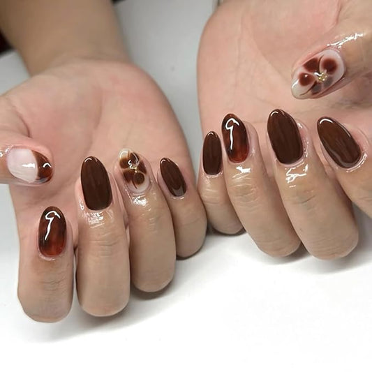 Deep Brown Almond Press On Nails Short, Fall Fake Nails with 3D Floral & Gradient Detail, Glossy Gel Finish Acrylic Nails, Fall Reusable Glue On Nails Kit for Women, 24Pcs