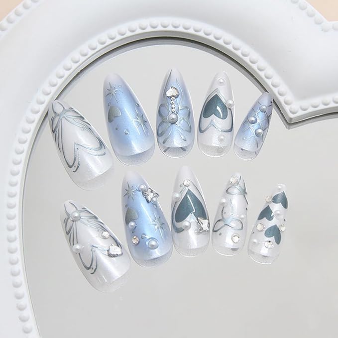 24Pcs Ombre Blue Press on Nails Medium Almond Fake Nails 3D Rhinestones Pearl with Star Heart Bling Designs Artificial Cute Silver Bow False Nails Glue on Nails for Women Girls Acrylic Manicure Tips