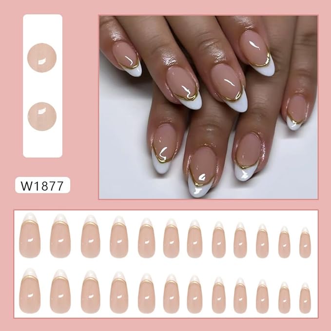 White French Tip Press on Nails Short Almond Fake Nails with 3D Gold Line Design Stick on Nails Nude False Nails Reusable Full Cover Acrylic Glue On Nail for Women Nail Art Decoration 24Pcs