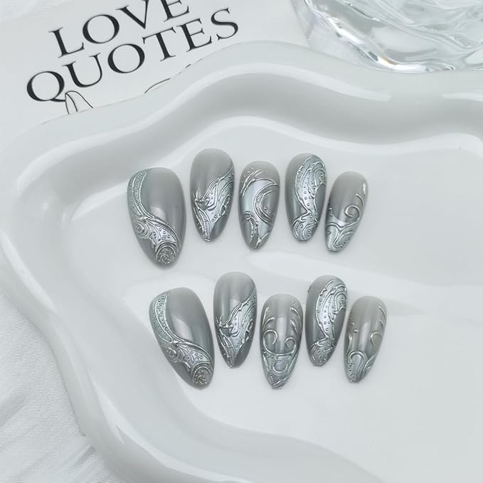 Silver Press on Nails Medium Almond Fake Nails Y2k Silver Irregular Chrome Designs Goth False Nails French Tip Full Cover Acrylic Stick on Nail Halloween Glue on Nails for Women DIY Manicure 24Pcs