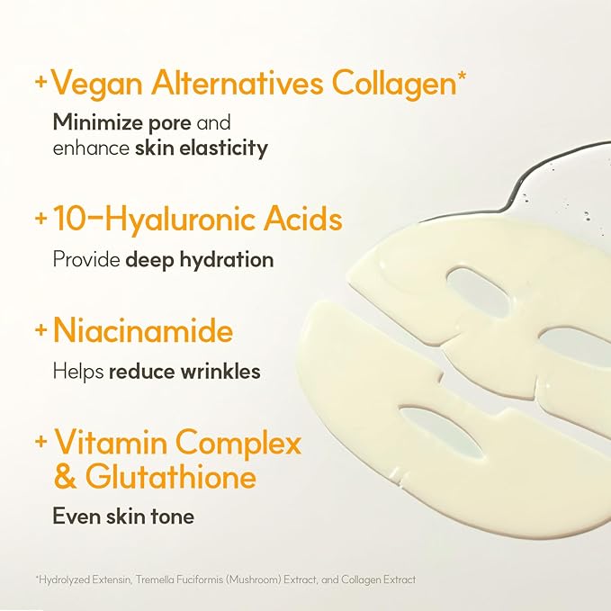 THE FACE SHOP Vita-Toning Vegan Collagen Face Mask, Korean Glass Skin Essential, Hydrogel Mask for Moisturizing & Skin Elasticity, Improves Uneven Tone, 4EA