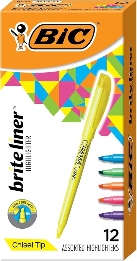 BIC Brite Liner Highlighters, Chisel Tip, 12-Count Pack of Highlighters Assorted Colors, Ideal Highlighter Set for Organizing and Coloring