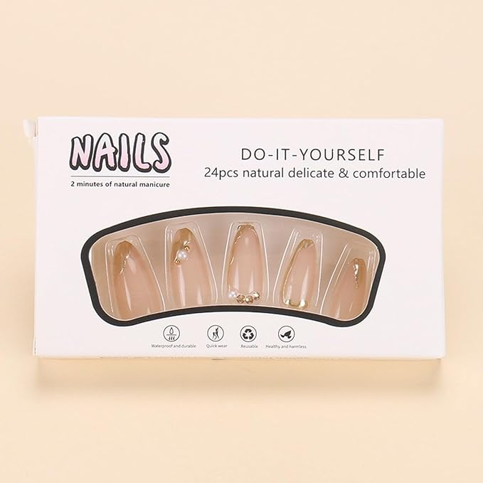 24Pcs French Tip Press on Nails Short Almond Fake Nails 3D Pearls Rhinestones French Line Full Cover Gold False Nails Designs Glue on Nails Glossy Artificial Nails for Women Acrylic Nail Decoration