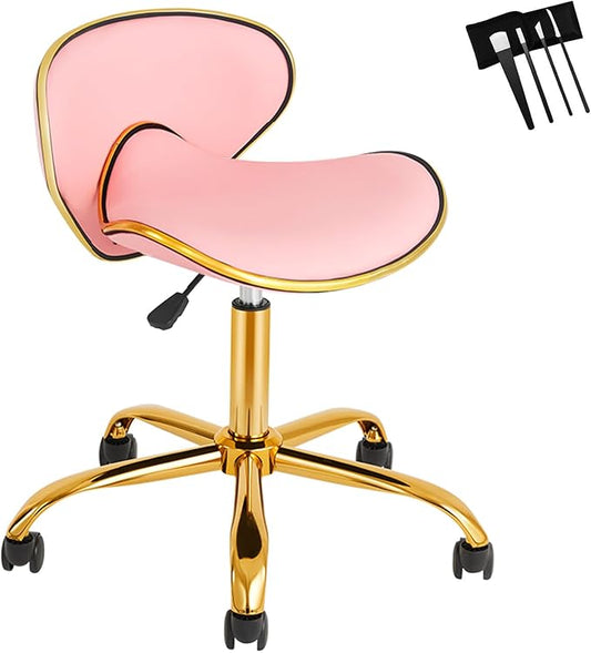 Rolling Stool with Back Support, Salon Stool with Wheels for Spa, Cute Swivel Chair for Lash, Nail Tech and Hair Stylist, Height Adjustable Chair for Massage Beauty Makeup-Pink