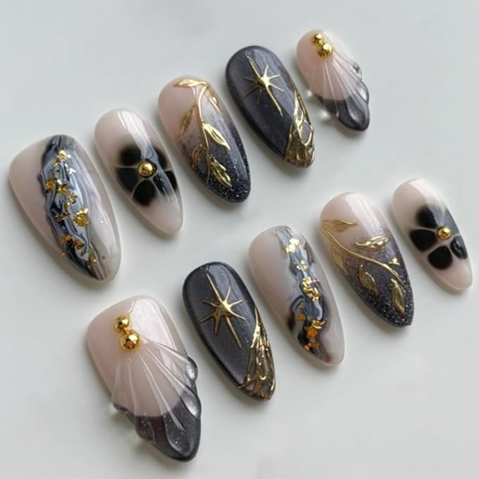 Medium Almond Press on Nails with Gold Foil and Marble Nude Black Grey Fake Nails Stick on Nail for Women 24pcs